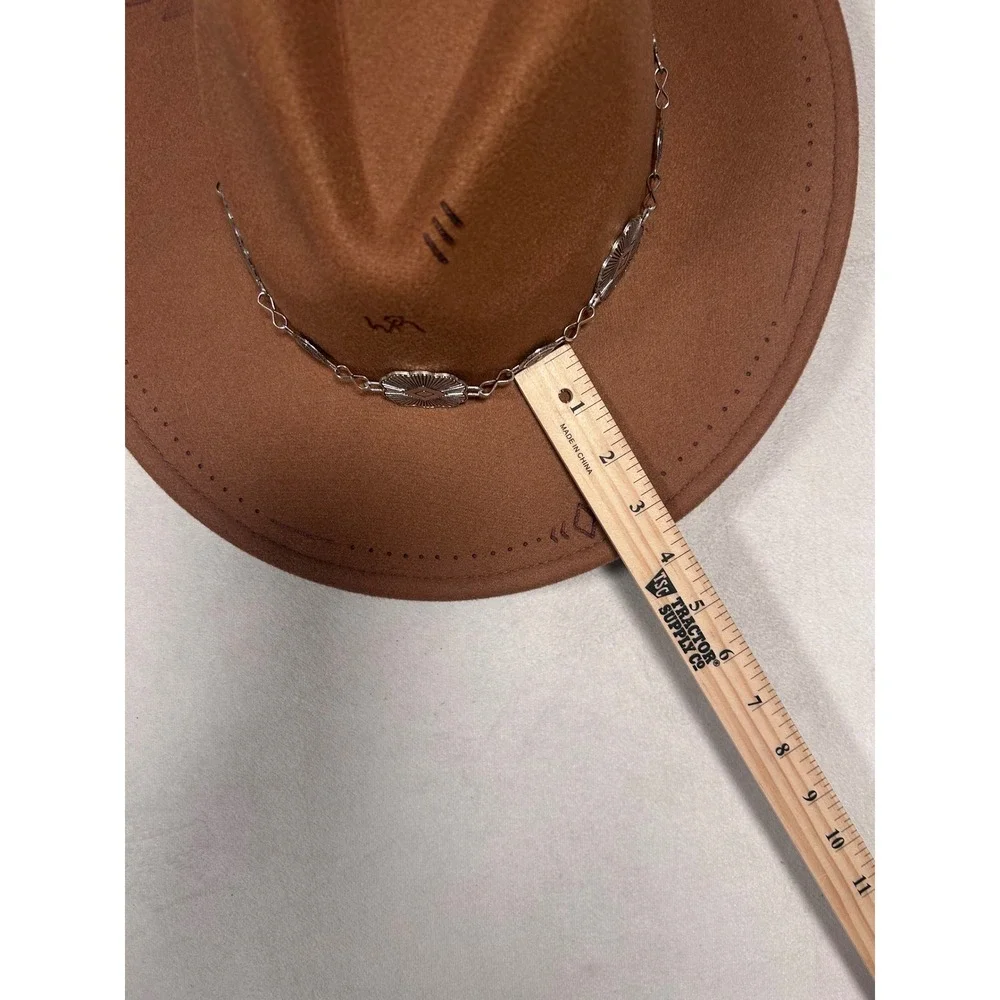 Fedora Womens Burnt felt Hat Brown Hand‎ Drawn Mountain Floral Concho Chain New